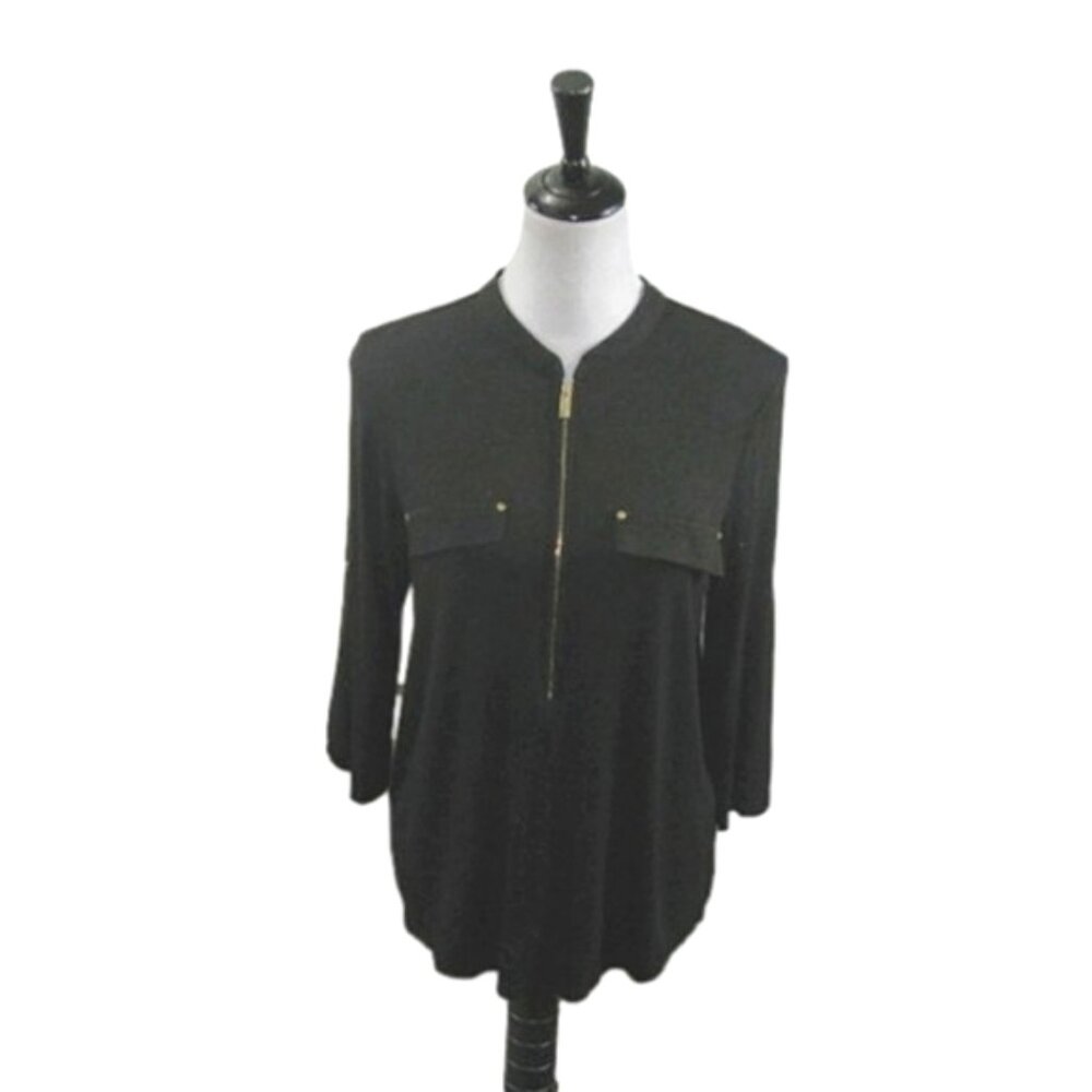 CALVIN Klein Black Partial Zip Front 3/4 Sleeve Top Size Medium